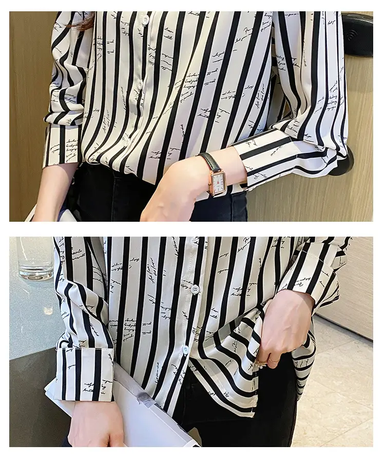 Women's Black White Striped Long Sleeve Chiffon Shirt — feature 9