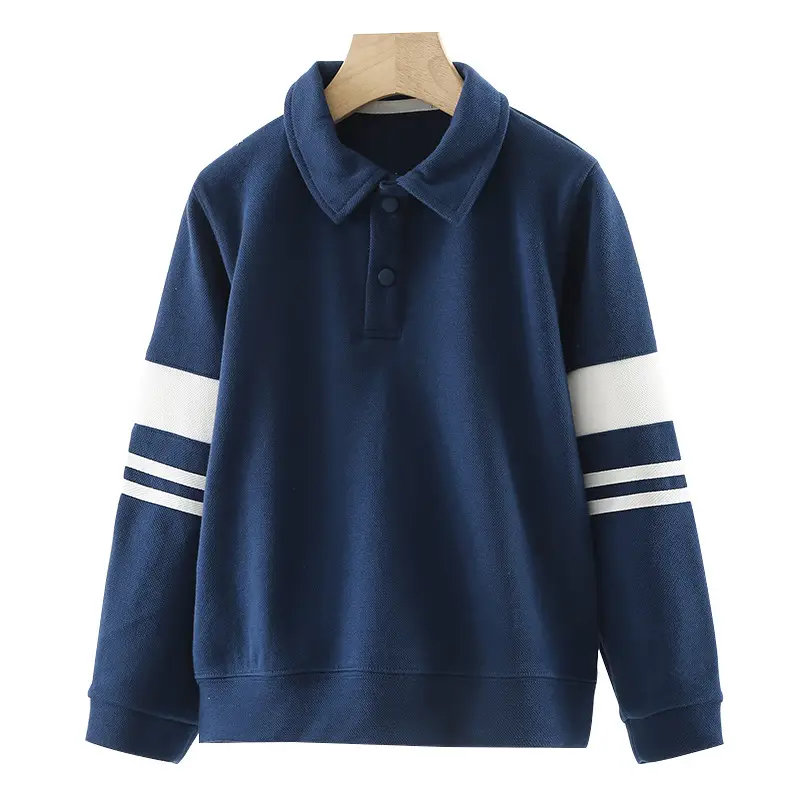 Children's Navy Polo Hoodie with White Stripes - Image 6
