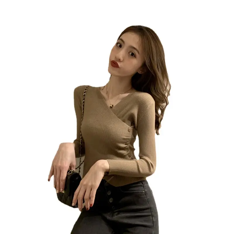 Women's Long Sleeve V-Neck Sweater Shirt Brown - Image 4