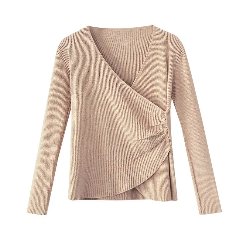 Women's Long Sleeve V-Neck Sweater Shirt Brown - Image 5