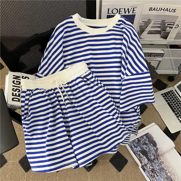 Women Striped Casual Sports Suit Blue White 200 Jin - Image 3