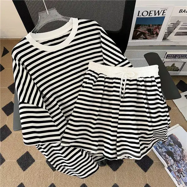 Women Striped Casual Sports Suit Blue White 200 Jin - Image 2