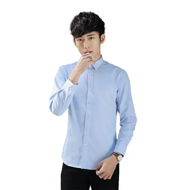 Men Light Blue Formal Shirts 2023 Long Sleeve Business Casual - Image 7