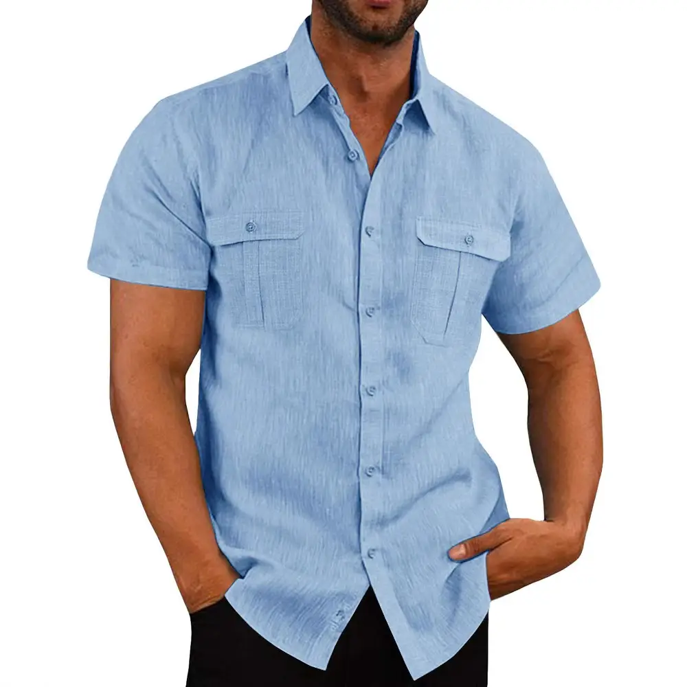 Men's Short Sleeve Button Down Shirt Gray Cotton Linen - Image 7