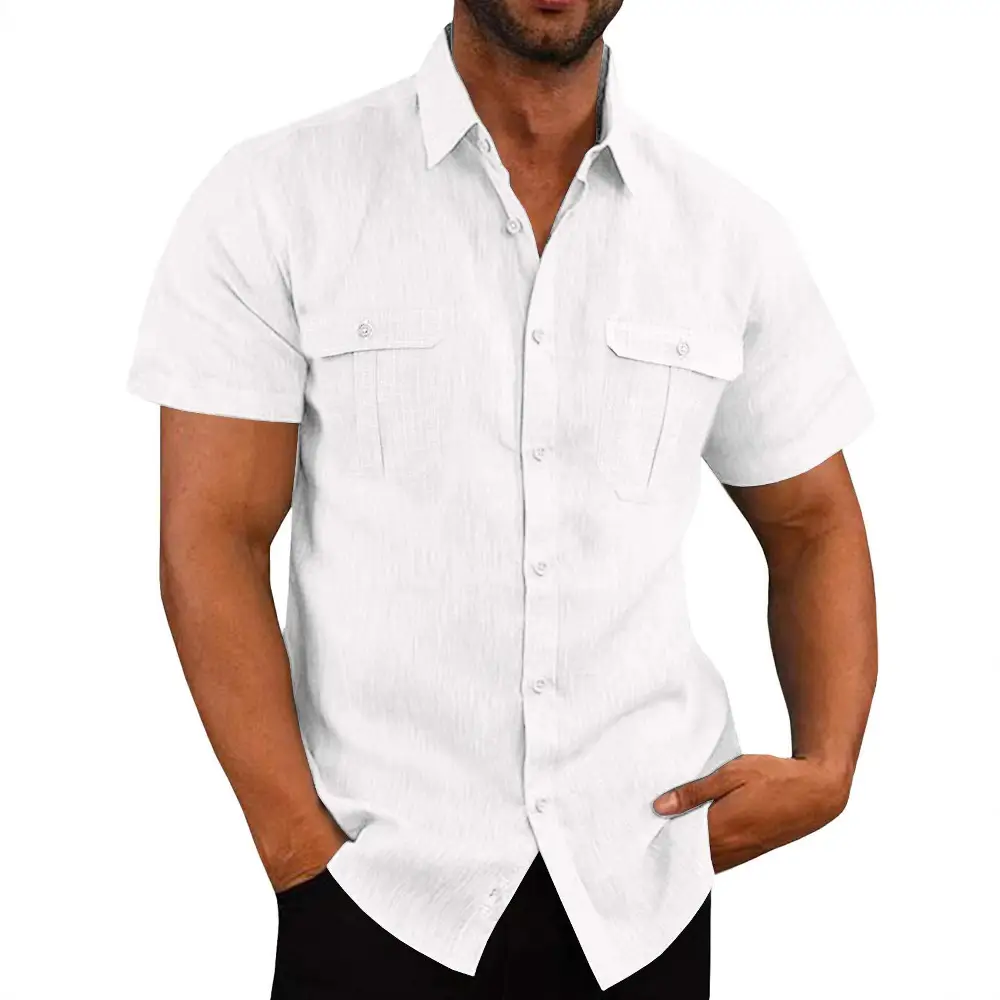 Men's Short Sleeve Button Down Shirt Gray Cotton Linen - Image 8