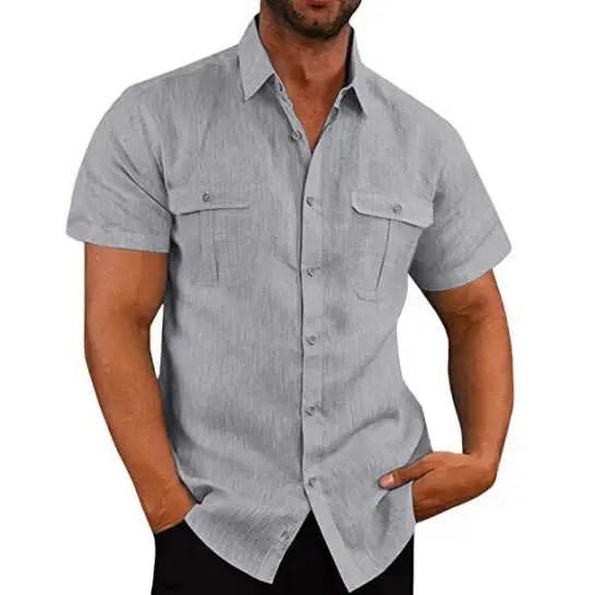 Men's Short Sleeve Button Down Shirt Gray Cotton Linen - Image 9