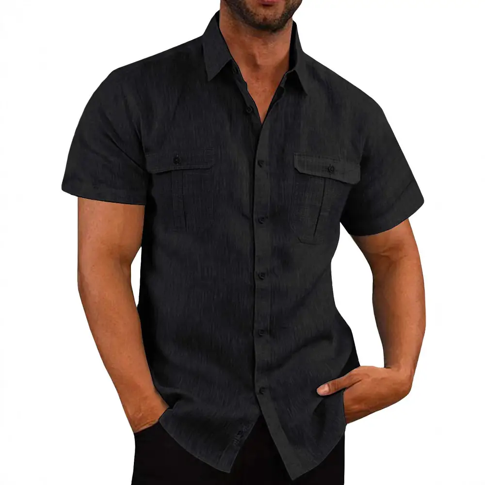 Men's Short Sleeve Button Down Shirt Gray Cotton Linen - Image 10