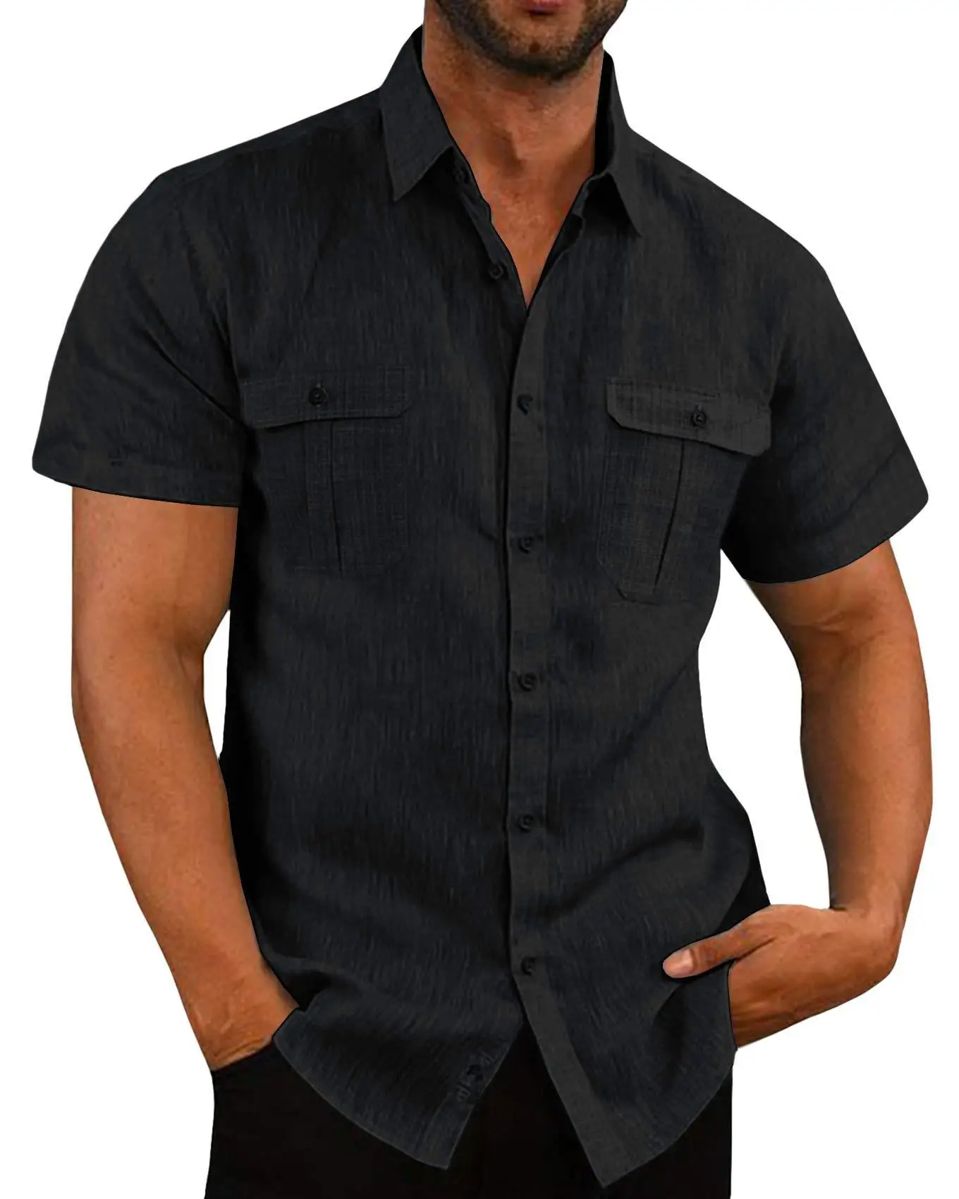 Men's Short Sleeve Button Down Shirt Gray Cotton Linen - Image 2