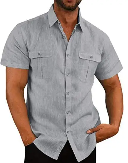 Men's Short Sleeve Button Down Shirt Gray Cotton Linen - Image 3