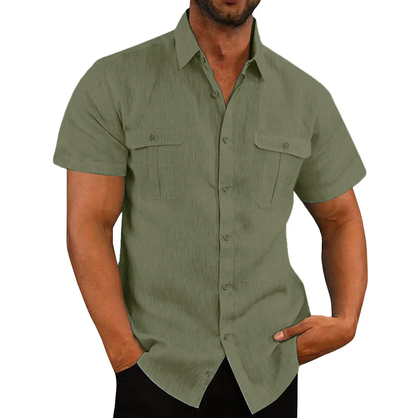 Men's Short Sleeve Button Down Shirt Gray Cotton Linen - Image 4