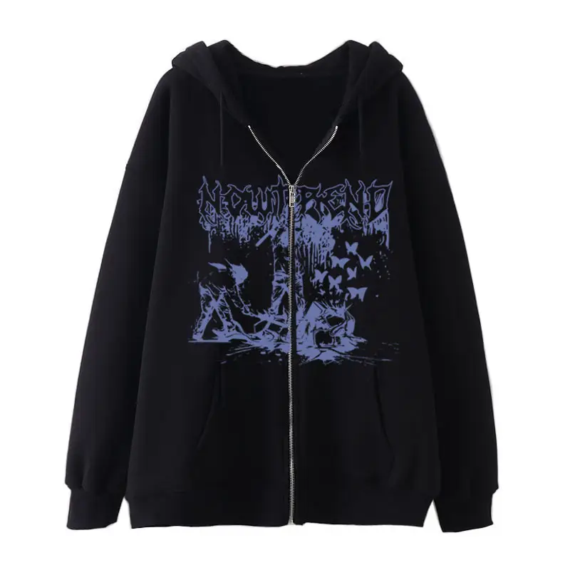 2022 New Gothic Zipper Hoodie Black Oversize Casual - Image 4