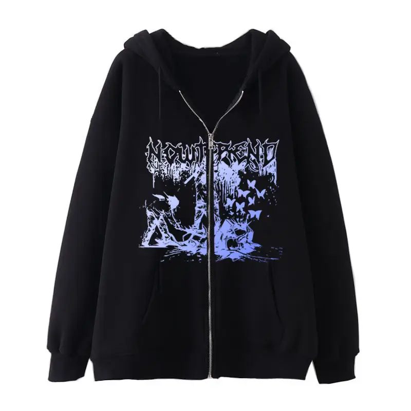 2022 New Gothic Zipper Hoodie Black Oversize Casual - Image 12