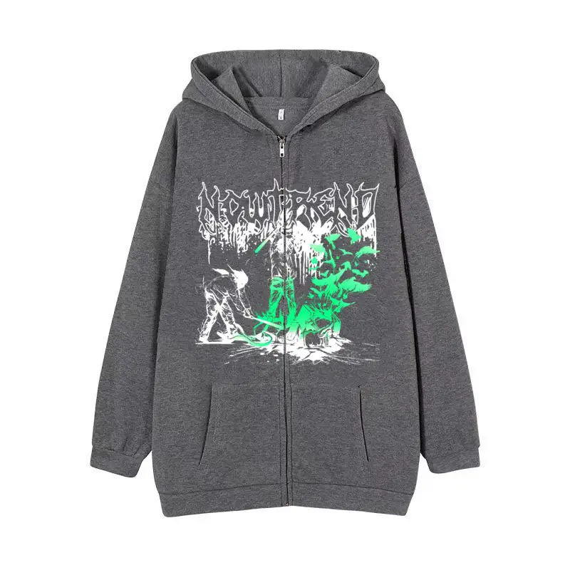 2022 New Gothic Zipper Hoodie Black Oversize Casual - Image 16