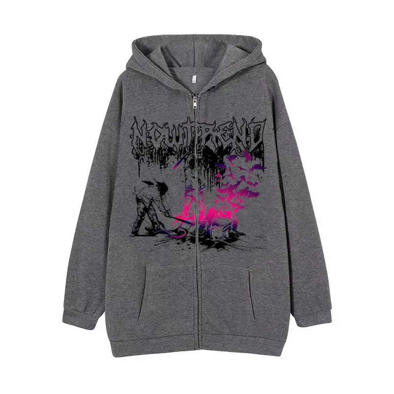 2022 New Gothic Zipper Hoodie Black Oversize Casual - Image 7