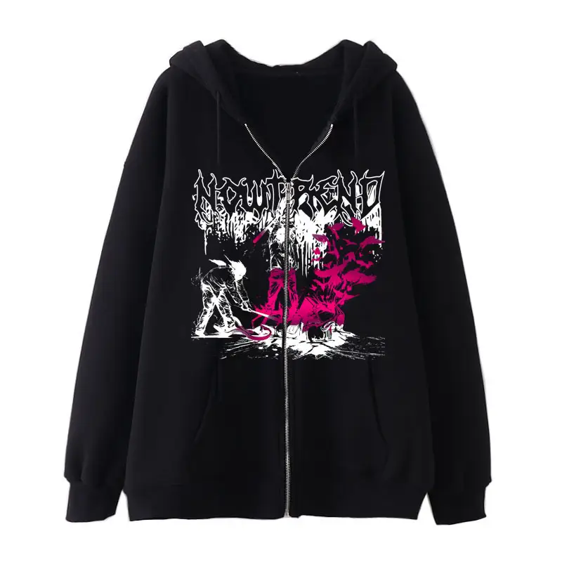 2022 New Gothic Zipper Hoodie Black Oversize Casual - Image 8