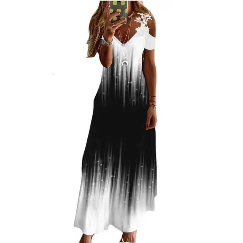 Navy Printed Lace V-Neck Dress for Women