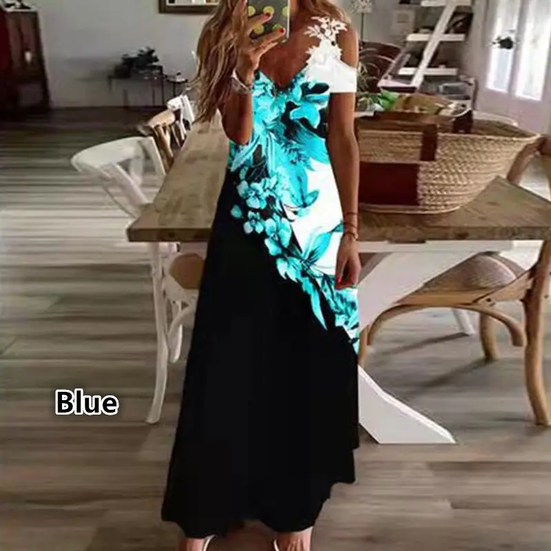 Navy Printed Lace V-Neck Dress for Women
