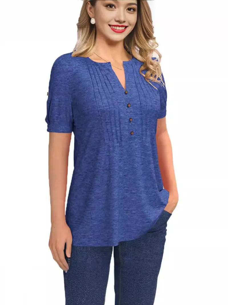Green V-Neck Button T-Shirt for Women - Image 5