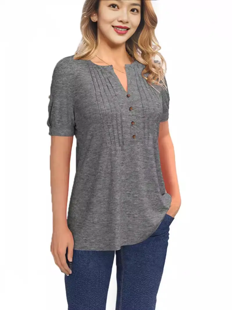 Green V-Neck Button T-Shirt for Women - Image 6