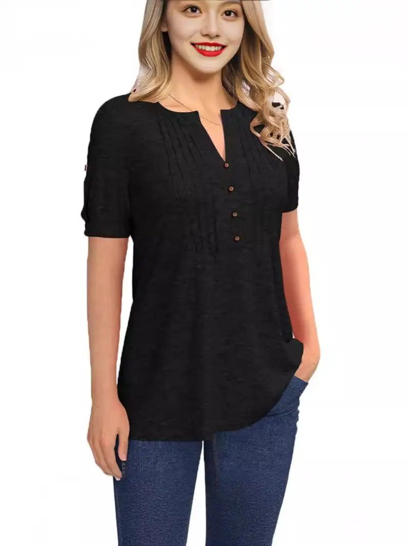 Green V-Neck Button T-Shirt for Women - Image 7