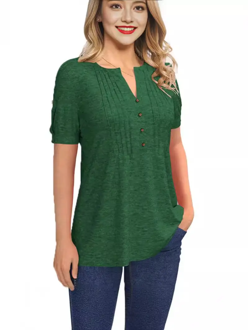 Green V-Neck Button T-Shirt for Women - Image 8