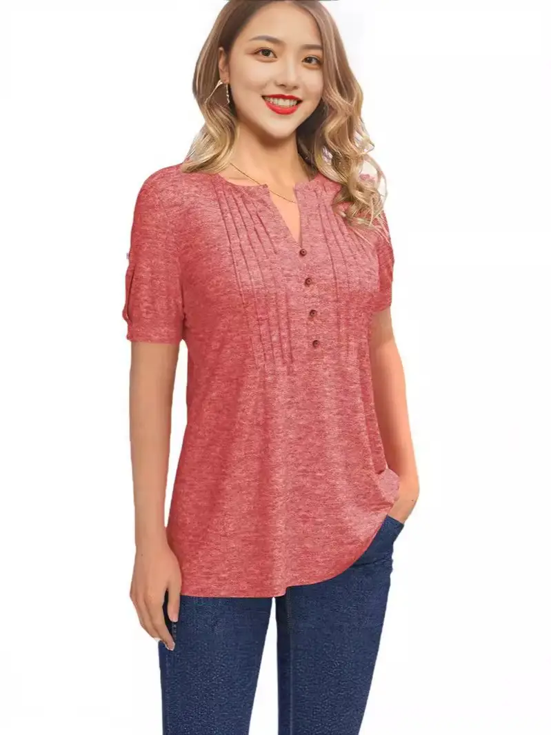 Green V-Neck Button T-Shirt for Women - Image 9