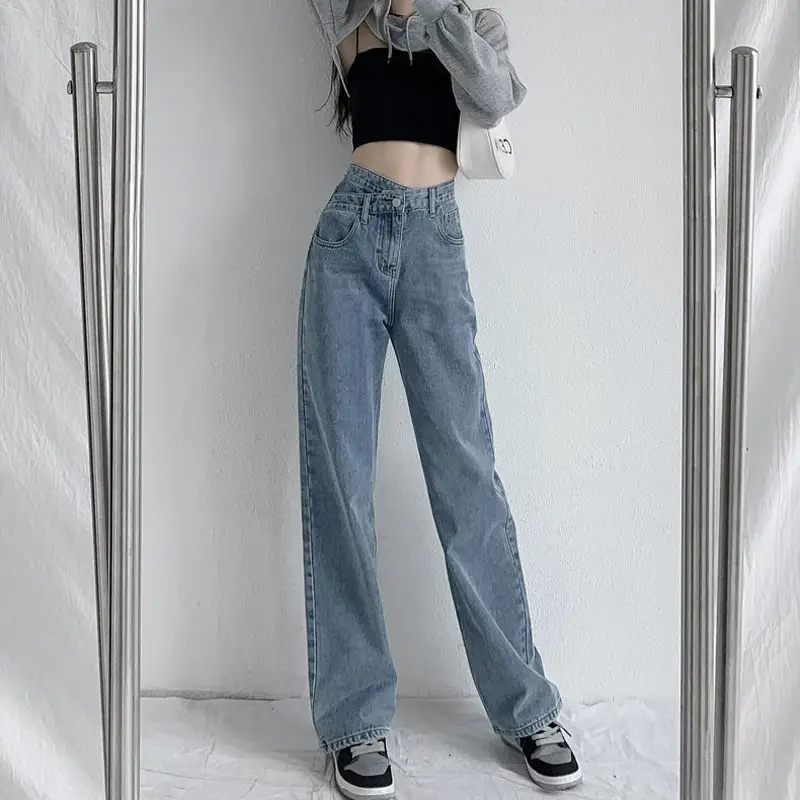 Women Irregular Wide Leg Jeans High Waist Slimming - Image 7