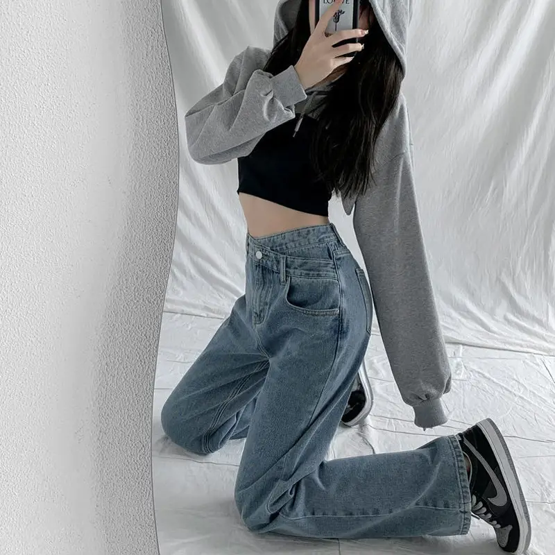 Women Irregular Wide Leg Jeans High Waist Slimming - Image 8
