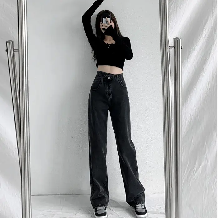 Women Irregular Wide Leg Jeans High Waist Slimming - Image 3