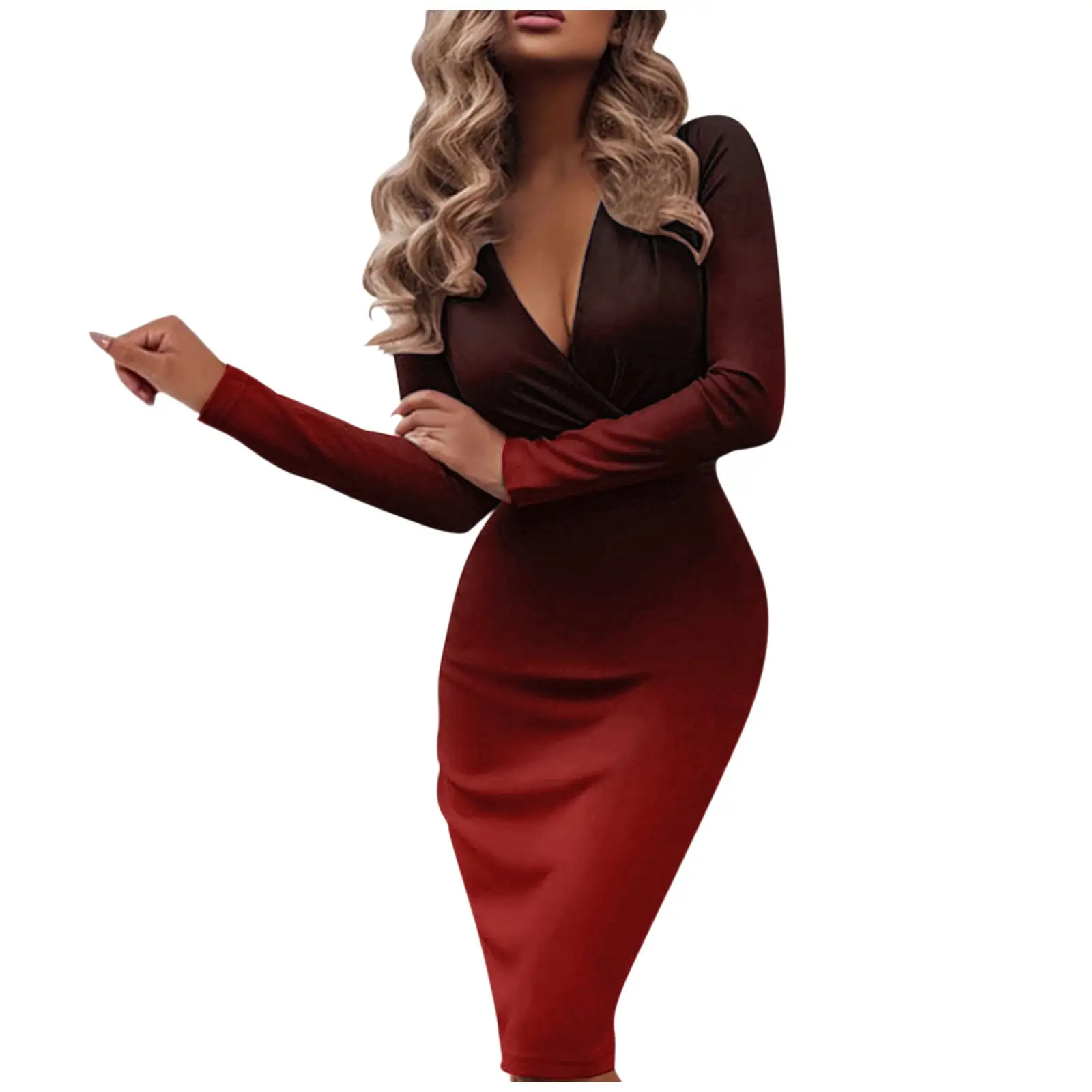 2025 Women's Black Grey Gradient Slim Fit Long Sleeve Dress - Image 7