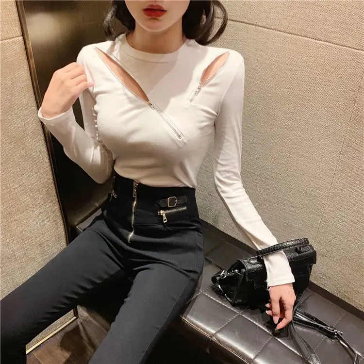 Black Slim Fit Long Sleeve Zipper T-Shirt for Women — feature 10