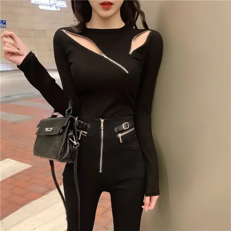 Black Slim Fit Long Sleeve Zipper T-Shirt for Women — feature 3
