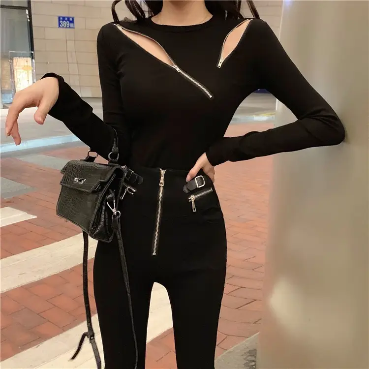 Black Slim Fit Long Sleeve Zipper T-Shirt for Women — feature 4