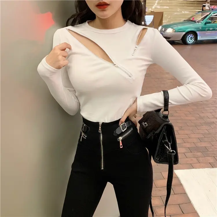 Black Slim Fit Long Sleeve Zipper T-Shirt for Women — feature 9