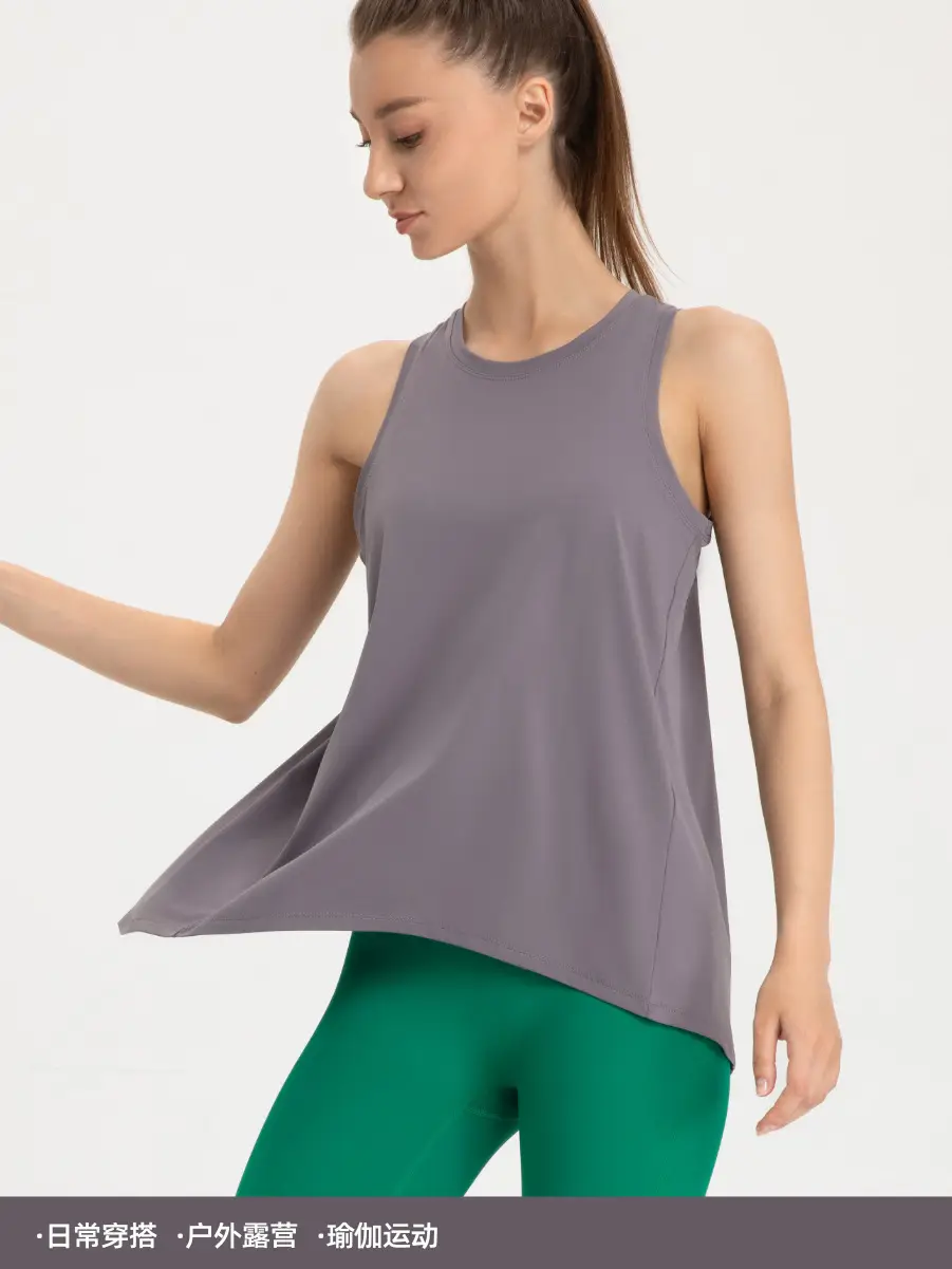 Women's Sleeveless Grey Split V-Neck T-Shirt for Yoga Fitness Wear - Image 10