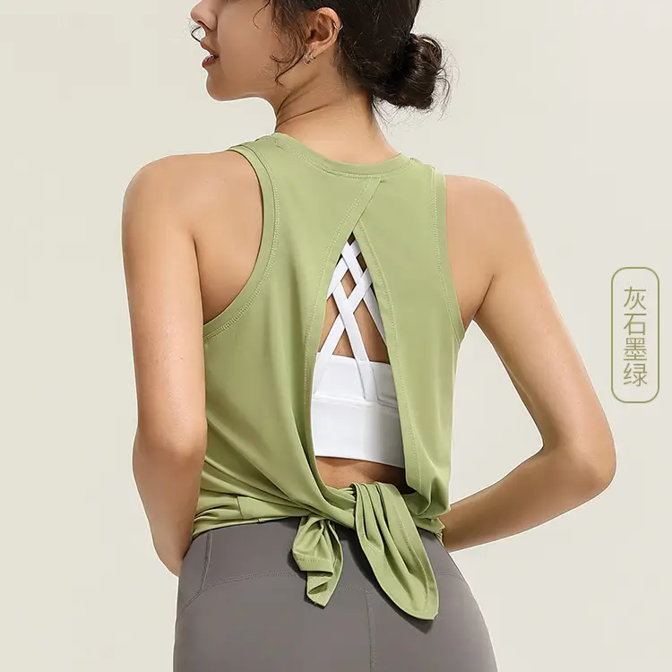 Women's Sleeveless Grey Split V-Neck T-Shirt for Yoga Fitness Wear - Image 7