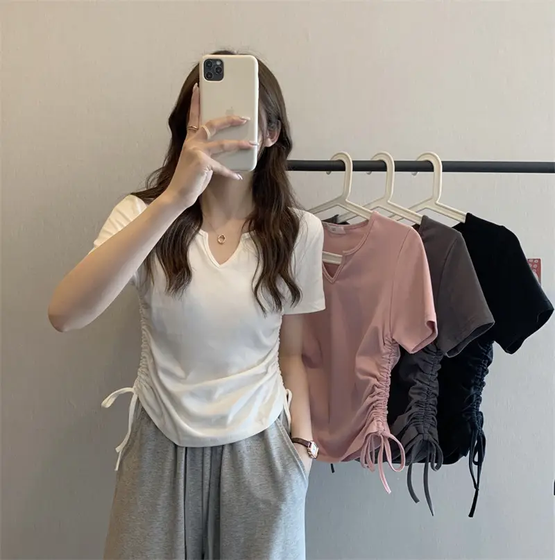Women V-Neck Drawstring T-Shirt Grey 2025 Summer - Image 5