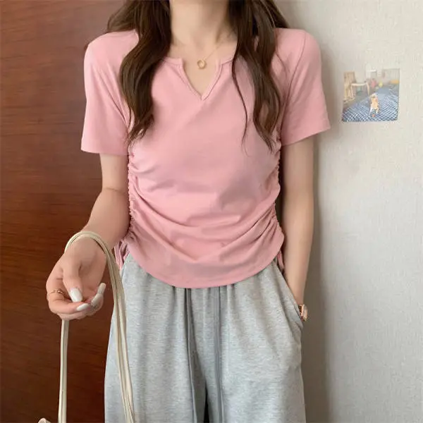Women V-Neck Drawstring T-Shirt Grey 2025 Summer - Image 6