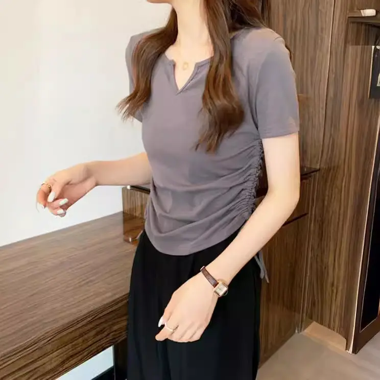 Women V-Neck Drawstring T-Shirt Grey 2025 Summer - Image 8