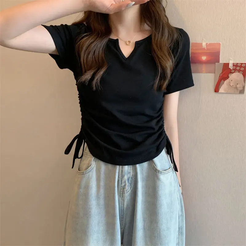 Women V-Neck Drawstring T-Shirt Grey 2025 Summer — feature 10