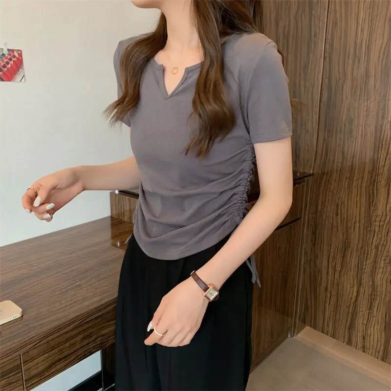 Women V-Neck Drawstring T-Shirt Grey 2025 Summer — feature 11