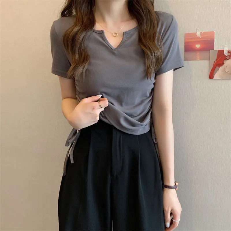Women V-Neck Drawstring T-Shirt Grey 2025 Summer — feature 12
