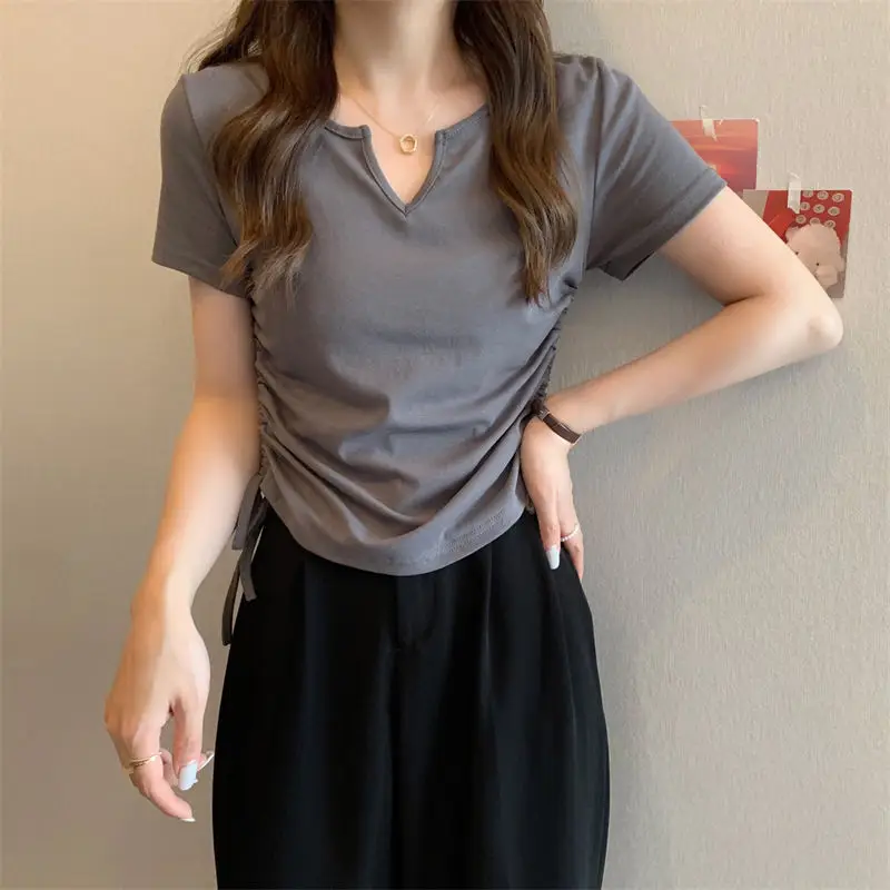 Women V-Neck Drawstring T-Shirt Grey 2025 Summer — feature 13