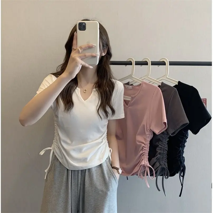 Women V-Neck Drawstring T-Shirt Grey 2025 Summer — feature 2