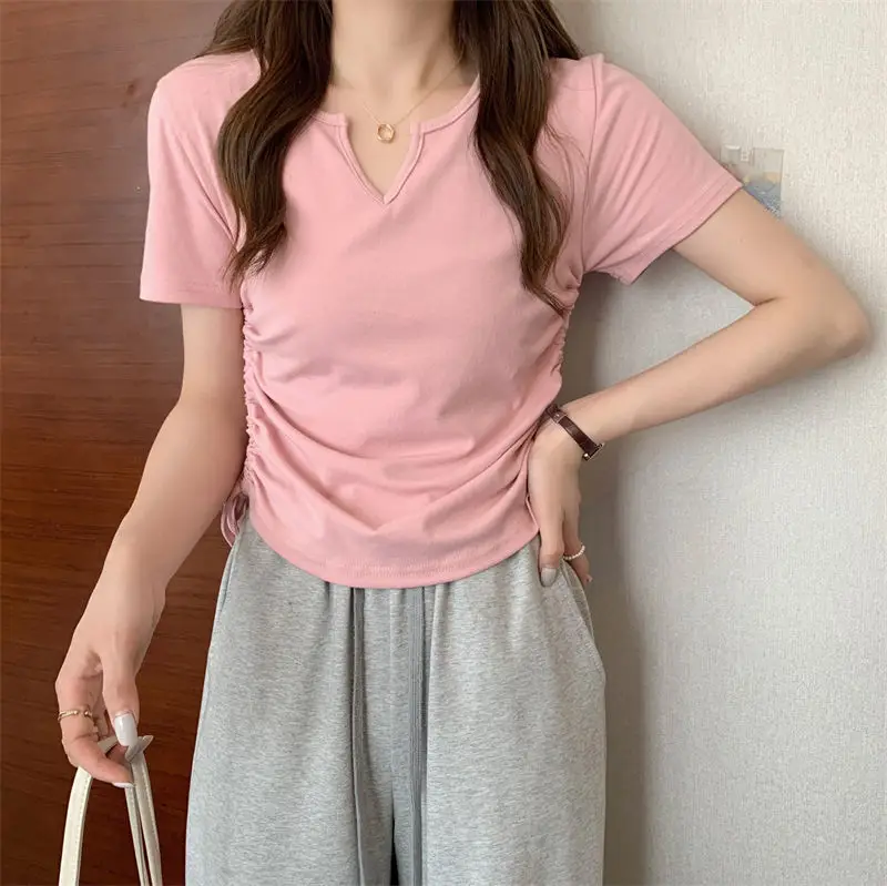 Women V-Neck Drawstring T-Shirt Grey 2025 Summer — feature 4