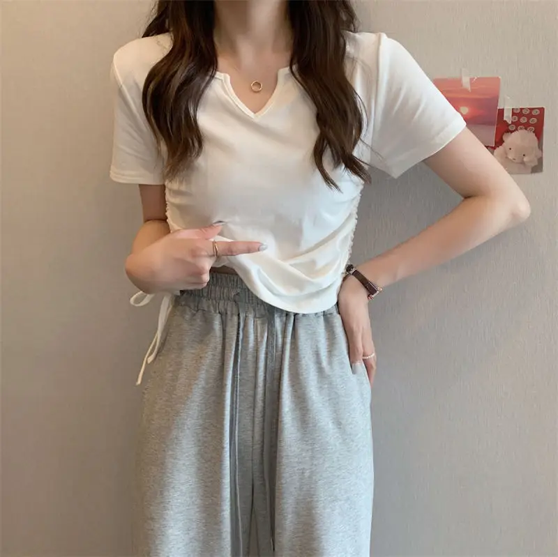 Women V-Neck Drawstring T-Shirt Grey 2025 Summer — feature 5