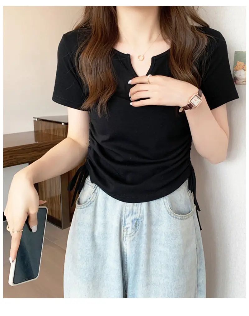 Women V-Neck Drawstring T-Shirt Grey 2025 Summer — feature 8