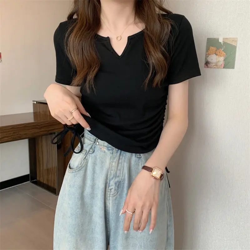 Women V-Neck Drawstring T-Shirt Grey 2025 Summer — feature 9