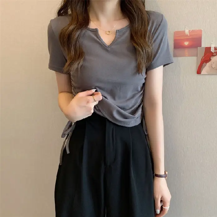Women V-Neck Drawstring T-Shirt Grey 2025 Summer - Image 4