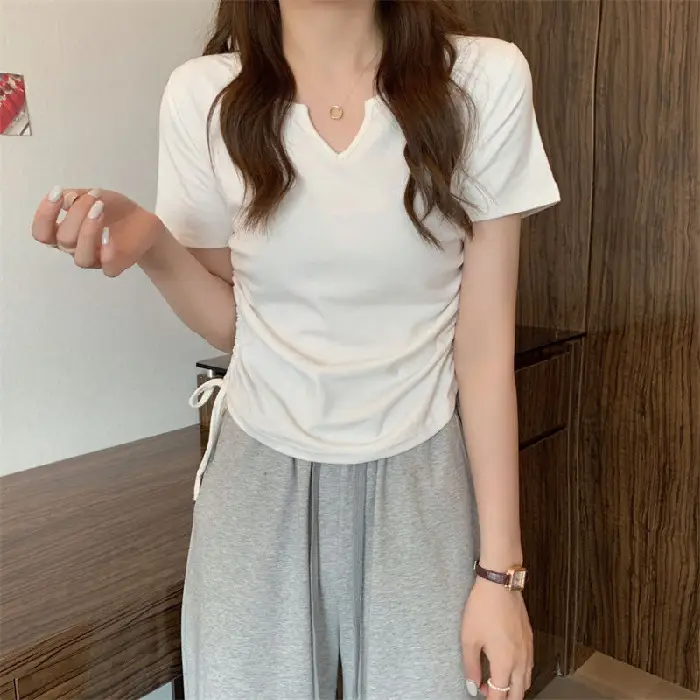 Women V-Neck Drawstring T-Shirt Grey 2025 Summer - Image 3